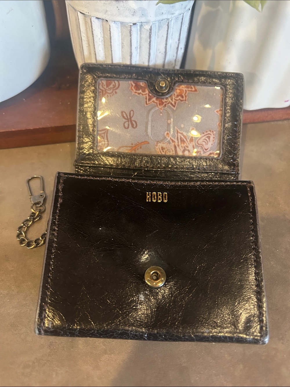 HOBO Black Leather ID Card Holder with Gold Logo